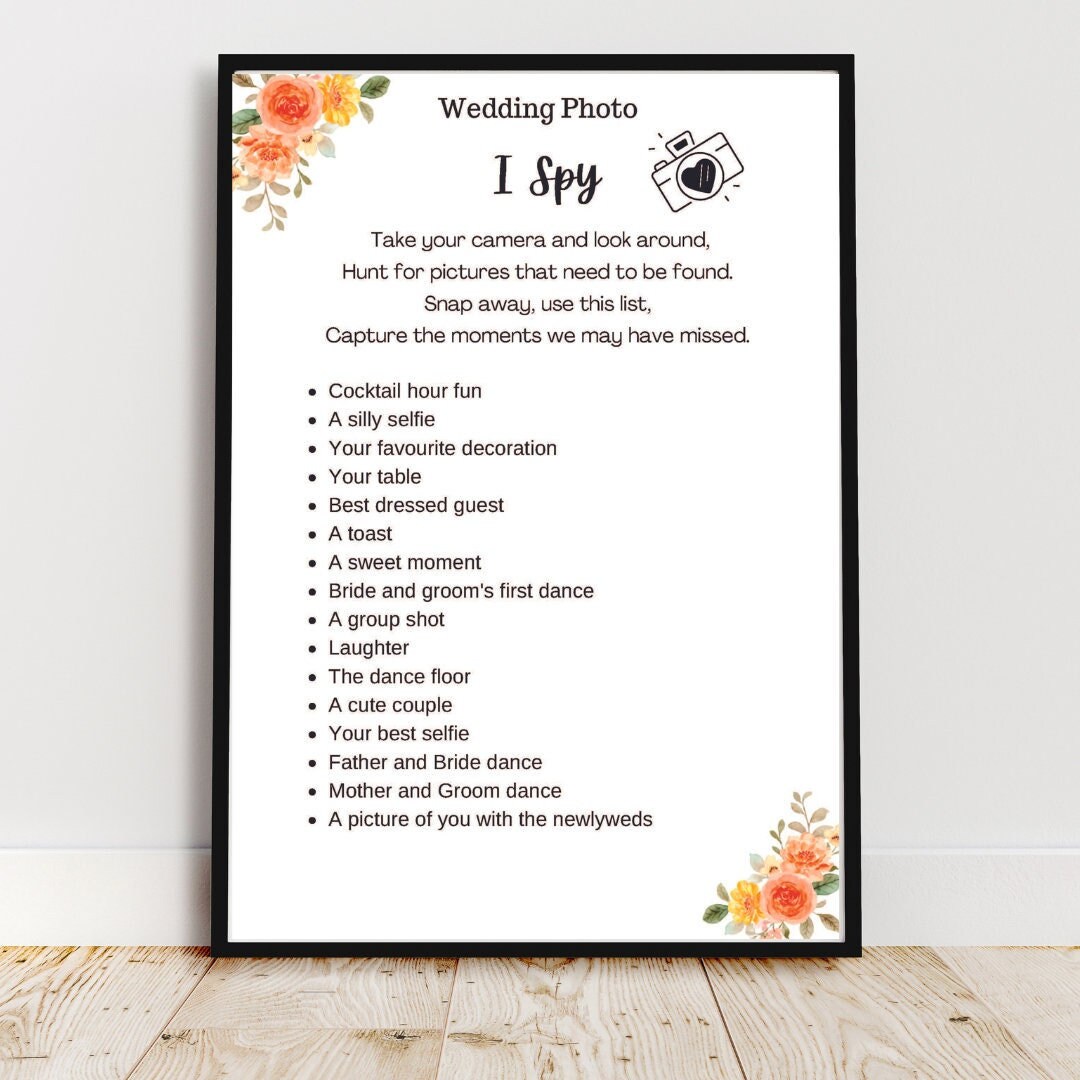 Printable Wedding 'I Spy' Photo List and Qr/hashtag Details: Digital ...