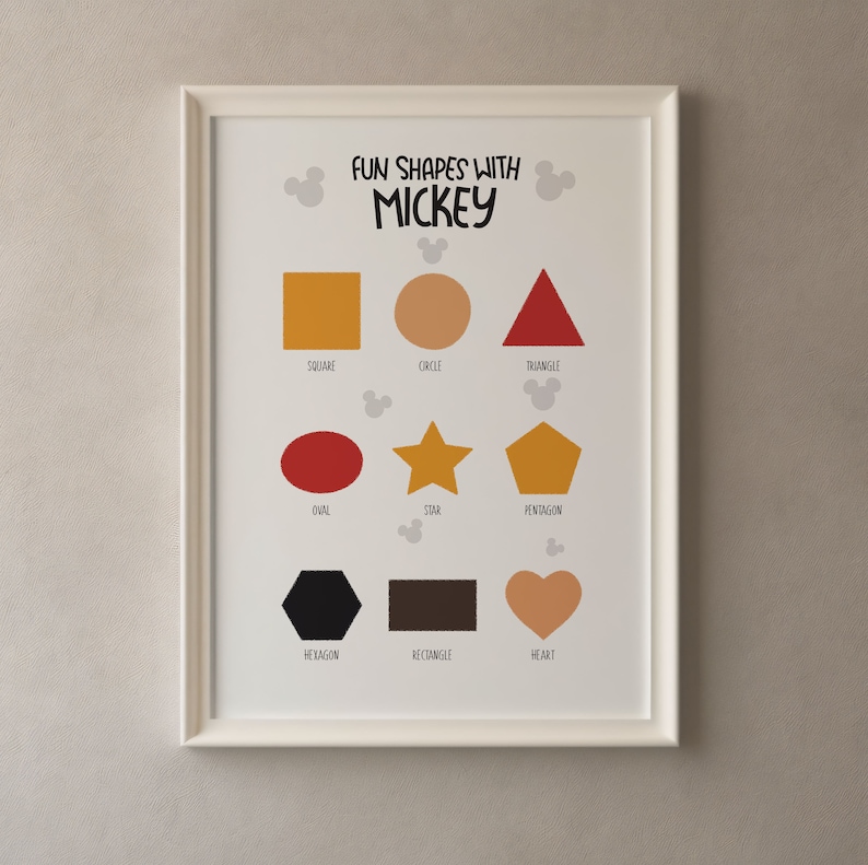 K&ouml;nnte beinhalten: Ein druckbarer Lernposter mit Mickey Mouse und verschiedenen Formen, darunter ein Quadrat, ein Kreis, ein Dreieck, ein Oval, ein Stern, ein F&uuml;nfeck, ein Sechseck, ein Rechteck und ein Herz. Das Poster soll Kindern helfen, verschiedene Formen zu lernen.