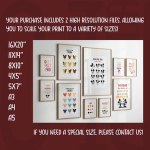 K&ouml;nnte beinhalten: Ein Set druckbarer Wandkunst mit Mickey Mouse. Die Drucke umfassen eine Vielzahl von Designs, darunter einen Mickey-Mouse-Kopf mit verschiedenen farbigen Ohren, einen Mickey-Mouse-Kopf mit verschiedenen farbigen Augen und einen Mickey-Mouse-Kopf mit verschiedenen farbigen Nasen. Die Drucke sind in verschiedenen Gr&ouml;&szlig;en erh&auml;ltlich, darunter 16x20 Zoll, 11x14 Zoll, 8x10 Zoll, 4x5 Zoll, 5x7 Zoll, A3, A4 und A5.