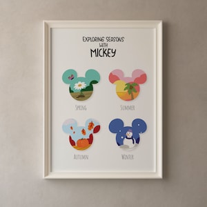 Explorando las estaciones con Mickey, gráfico de estaciones, decoración de pared para niños, impresión educativa, guardería Montessori, decoración de escuela en el hogar, póster de Mickey Mouse