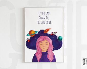 If You Can Dream It Printable Illustration, nursery decor girl, astronaut nursery, outer space wall art,Girl wall art, Playroom Decor