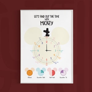 Averigüemos el tiempo con Mickey, imprimibles del tiempo, decoración neutral de la sala de juegos, póster educativo para niños, descarga digital, aprendizaje con Mickey