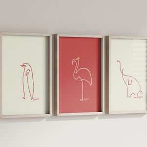 Conjunto de 3 grabados de Picasso, carteles de animales de arte lineal / carteles de animales de Picasso, bocetos de animales de Picasso, decoración del hogar y la oficina, arte de la pared del vivero