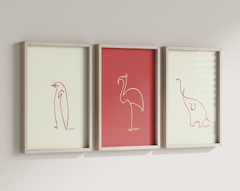 ピカソの動物線画プリント - 4枚セット：ミニマリストな子供部屋の装飾