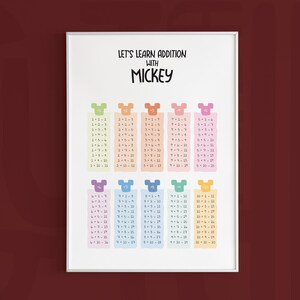 May include: A colorful printable chart with Mickey Mouse characters to help children learn addition. The chart features a rainbow of colors and includes addition problems from 1+1 to 12+12.