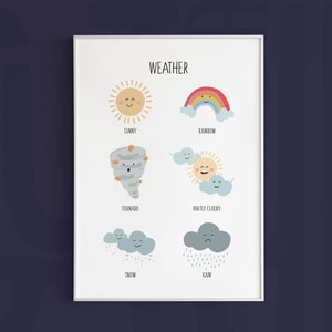 Impresión meteorológica, Arte de la pared meteorológica, Impresiones climáticas, Cartel educativo Montessori para niños, Habitación para niños, Aprendizaje en la guardería, Impresiones de educación en el hogar, Boho