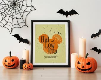 Mickey Themed Retro Halloween Printable Poster, Cute Spooky Season Digital Print, Halloween Party Gift for Friends, Halloween Wall Decor
