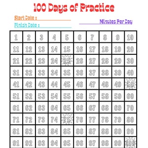 Music Practice Challenge, Printable 100 Days Practice Chart, One Hundred Days of Practice, Piano Lesson Chart, Violin Lesson Chart