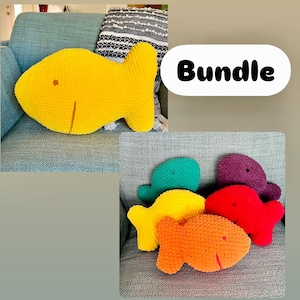 May include: Bundle of five crocheted fish pillows in various colors, including yellow, green, purple, red, and orange. The pillows are arranged on a gray couch. The word "Bundle" is written in black text on a white oval.