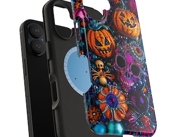 May include: A black phone case with a colorful design featuring pumpkins, skulls, and beads. The case has a built-in magnetic ring holder.