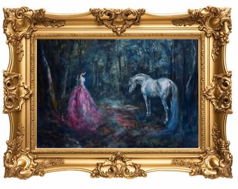 Princess Marianne and Horse in the Dark Woods | Fairy Tale Art, Magical Forest, Dark Forest Arte, Horse Arte, Princess Decore, Girls bedroom