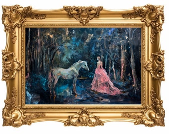 Princess Orla and Horse in the Dark Woods | Fairy Tale Art, Magical Forest, Dark Forest Arte, Horse Arte, Princess Decore, Girls bedroom