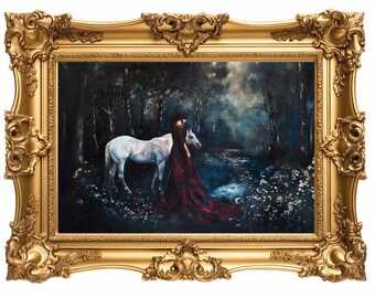 Princess Suri and Horse in the Dark Woods | Fairy Tale Art, Magical Forest, Dark Forest Arte, Horse Arte, Princess Decore, Girls bedroom