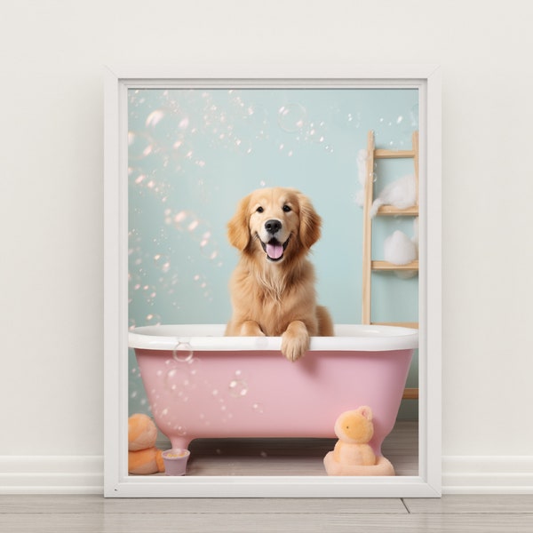 Cute Golden Retriever in Bath Tub | Kid Bathroom Decor | Printable Wall Art | Dog Photo | Pig Art | Bathroom Art | Digital Download