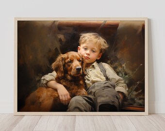 Boy and Dog Wall Art | Oil Painting of Boy and Dog | Bedroom Decor | Printable Fine Art | Vintage Animal Art | Kid Room Decor  | Nursery Art