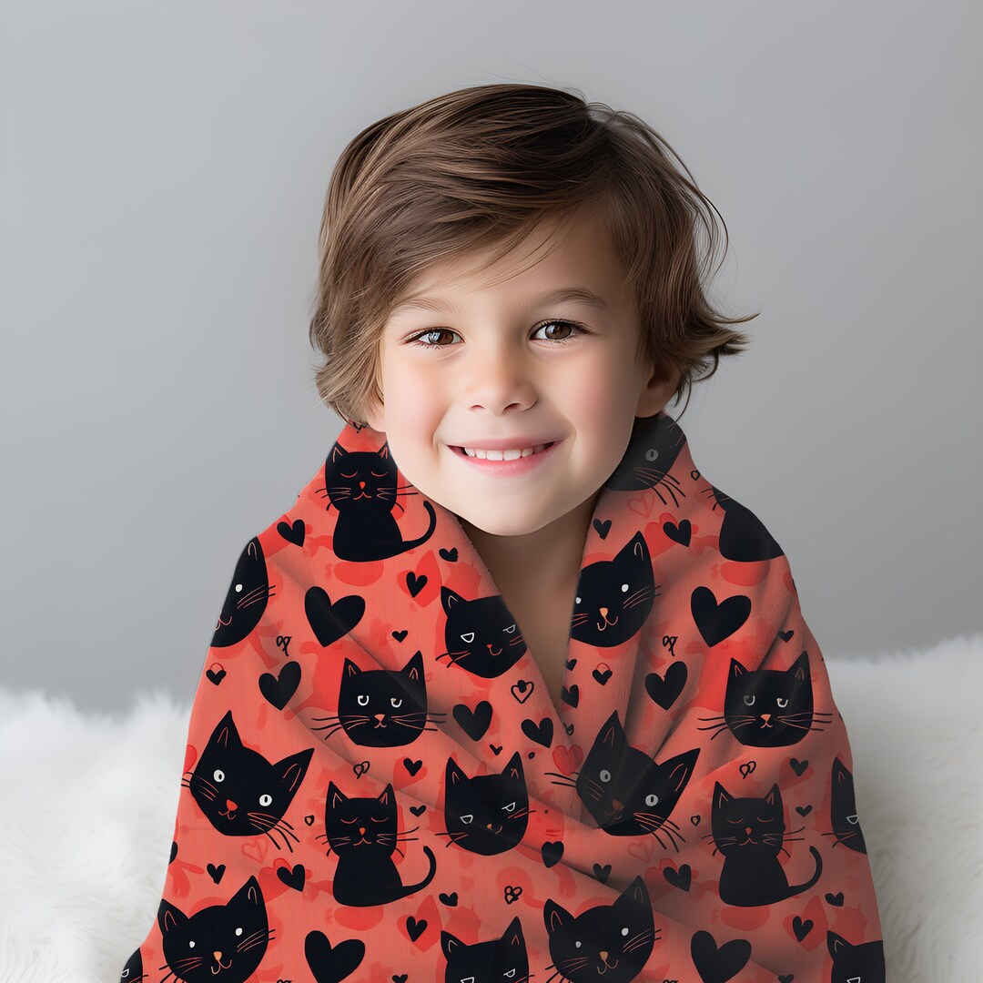 Whimsical Kitty Cat Patterned Velveteen Plush Blanket Gift for Her Cozy Cat Lover Feline Snuggly