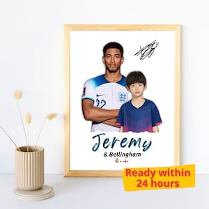 Póster personalizado de Jude Bellingham. Foto personalizada de Bellingham con fan. Regalo de fútbol personalizado único para niños. Regalo para fan del equipo de fútbol de Inglaterra.