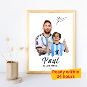 Retrato personalizado de Messi com minha foto, presente de futebol personalizado, pôster de Lionel Messi, presente de aniversário de futebol
