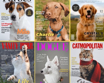 Custom Dog Portrait Personalized Pet Lover Gift Magazine Cover Funny Cat Art from Photo