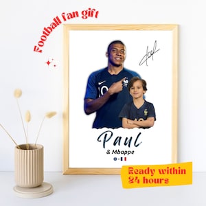 Pôster personalizado de Mbappe com minha foto, presente de futebol personalizado, assinado, retrato de Kylian Mbappe, arte de parede da França, presente de futebol personalizado