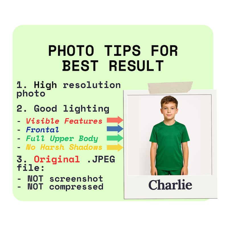 May include: A green background with white text that reads "PHOTO TIPS FOR BEST RESULT".  The text below lists tips for taking photos for the best results, including high resolution, good lighting, and using an original JPEG file.  A photo of a young boy named Charlie is in a white frame.