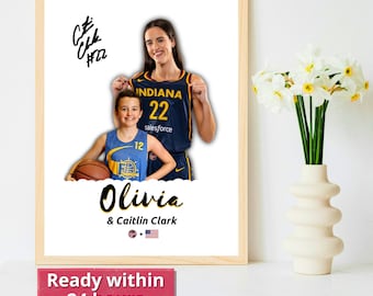 May include: A framed photograph of a young girl and a woman in basketball uniforms. The woman is wearing a blue and yellow Indiana Fever jersey with the number 22 and the word "salesforce" on it. The girl is wearing a blue and yellow jersey with the number 12. The photo is signed "Chk #22" and includes the text "Olivia & Caitlin Clark" with an American flag.