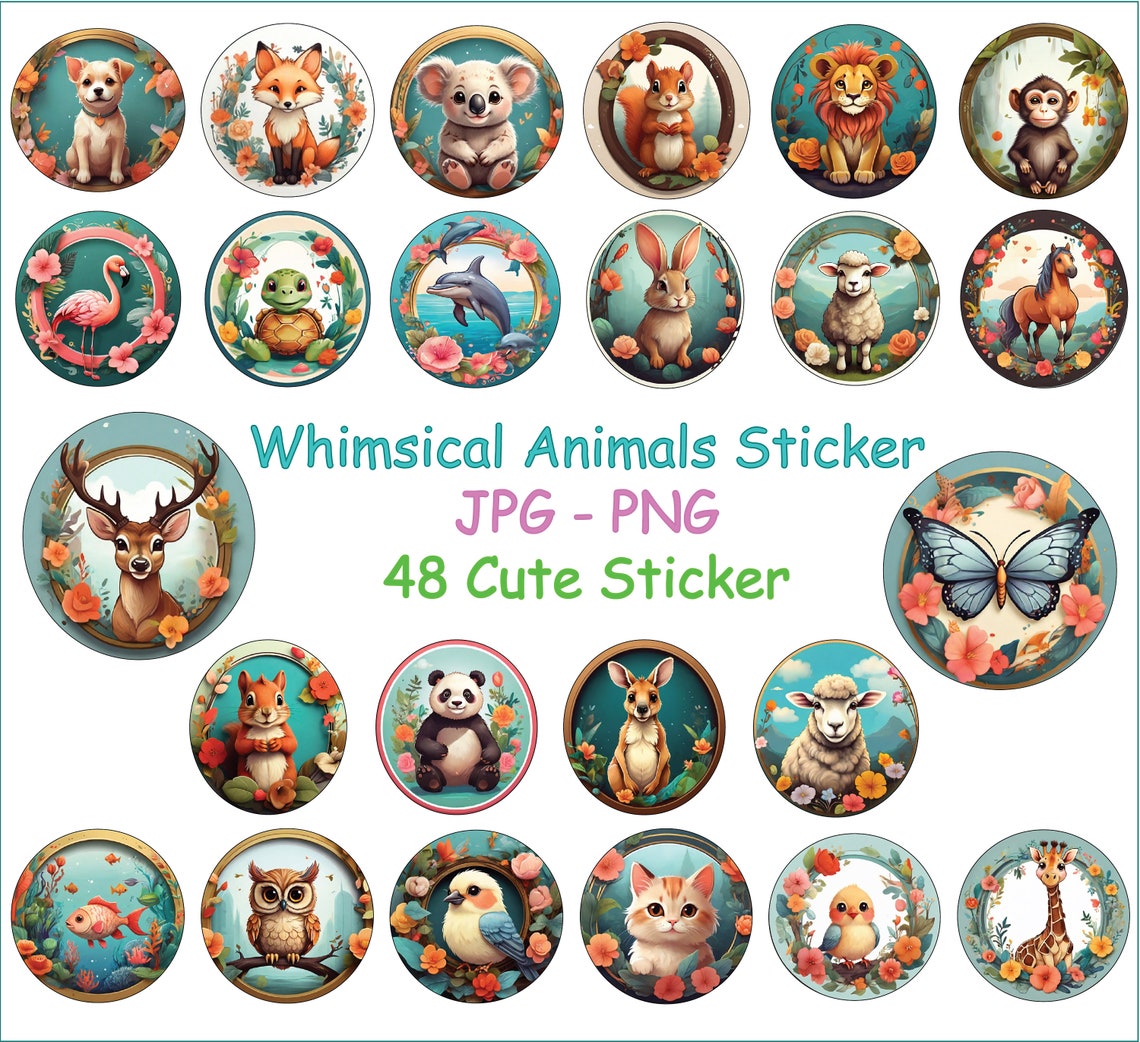 Whimsy Sticker Printable Printable Whimsical Animals Stickers 48 of Cute Graphic. PNG and JPG - Etsy