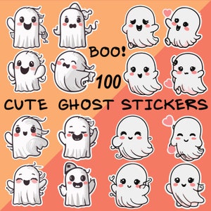 100 uroczych naklejek z duchami, Duch Halloween, Naklejki do druku cyfrowego, Straszne i zabawne, Różnorodne emocje, 100 PNG, JPG