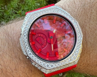 MOISSANITE Real 925 Silver Iced Red Casio G Shock GA-2100 Watch
