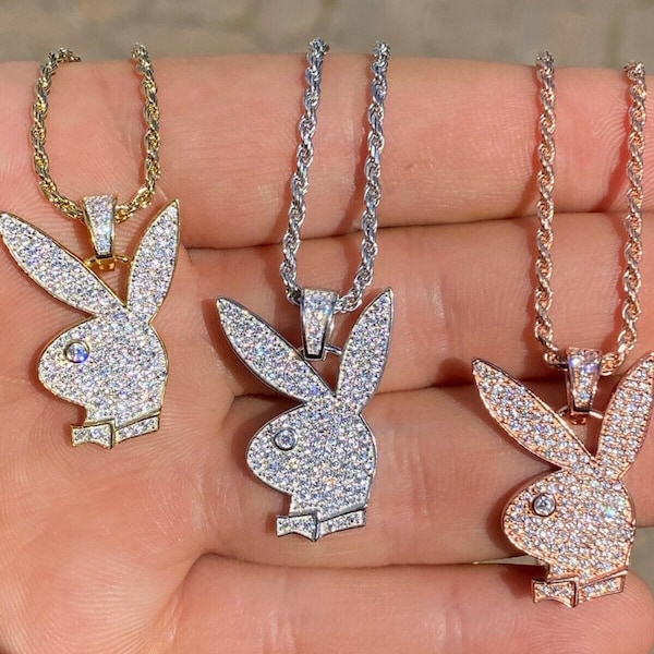 Playboy Bunny Pendant - Iced Diamond Real 925 Silver Gold Rose Necklace