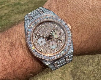 Real MOISSANITE Mens Watch 14k Rose Gold Two Tone Iced Skeleton Back