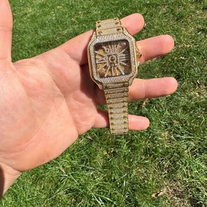 Real Mens MOISSANITE 14k Gold Watch Iced Automatic Movement Skeleton immagine 7