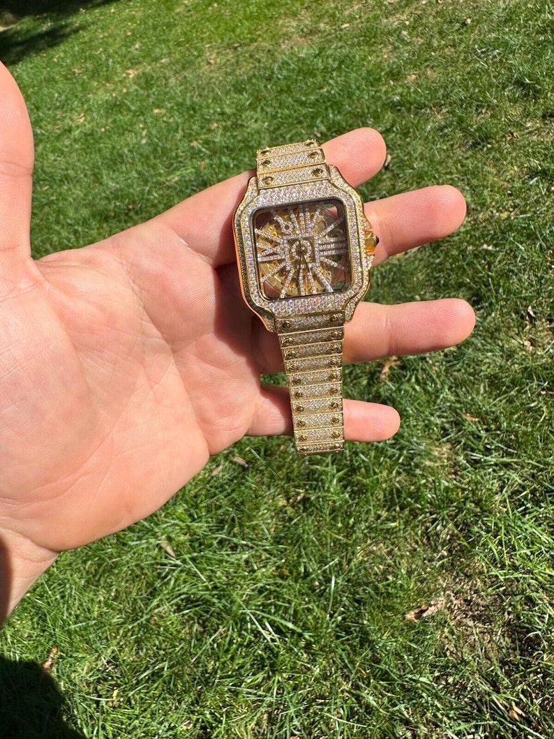 Real Mens MOISSANITE 14k Gold Watch Iced Automatic Movement Skeleton immagine 7