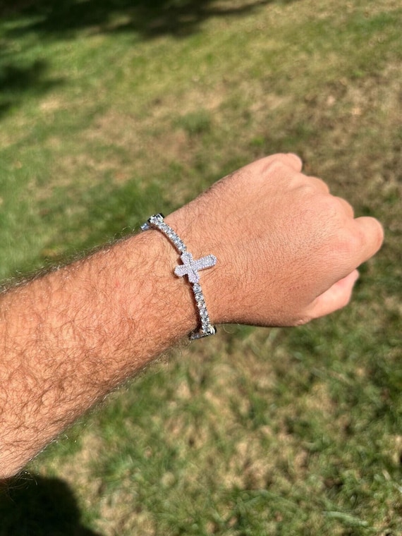 Real Solid 925 Silver Iced CZ Cross Shape Tennis Bracelet Mens