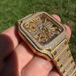 Real Mens MOISSANITE 14k Gold Watch Iced Automatic Movement Skeleton immagine 8