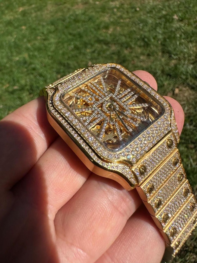Real Mens MOISSANITE 14k Gold Watch Iced Automatic Movement Skeleton immagine 8