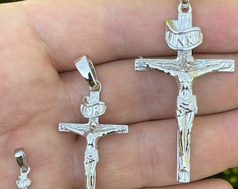 Real Solid 925 Sterling Silver Mens Cross Jesus Piece Crucifix Pendant Necklace