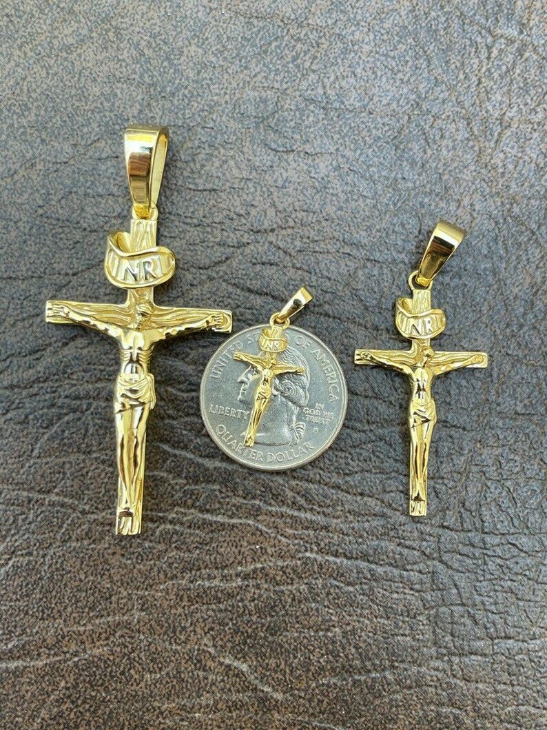 14k Gold Over Real Solid 925 Silver Cross Jesus Piece Crucifix Pendant ...