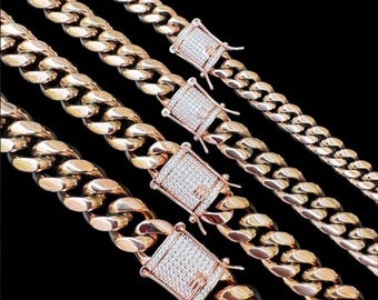 Miami Cuban Link Chain Necklace W. CZ Clasp - Rose Gold Plated Stainless Steel