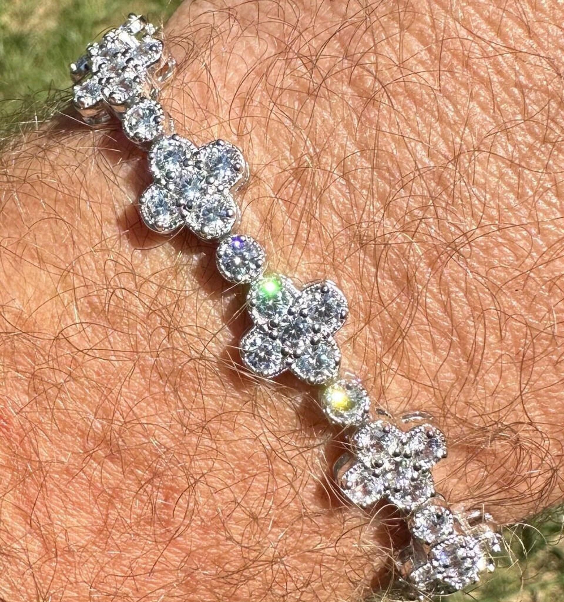 Moissanite Real 925 Silver 10mm Iced Clover Flower Tennis Bracelet