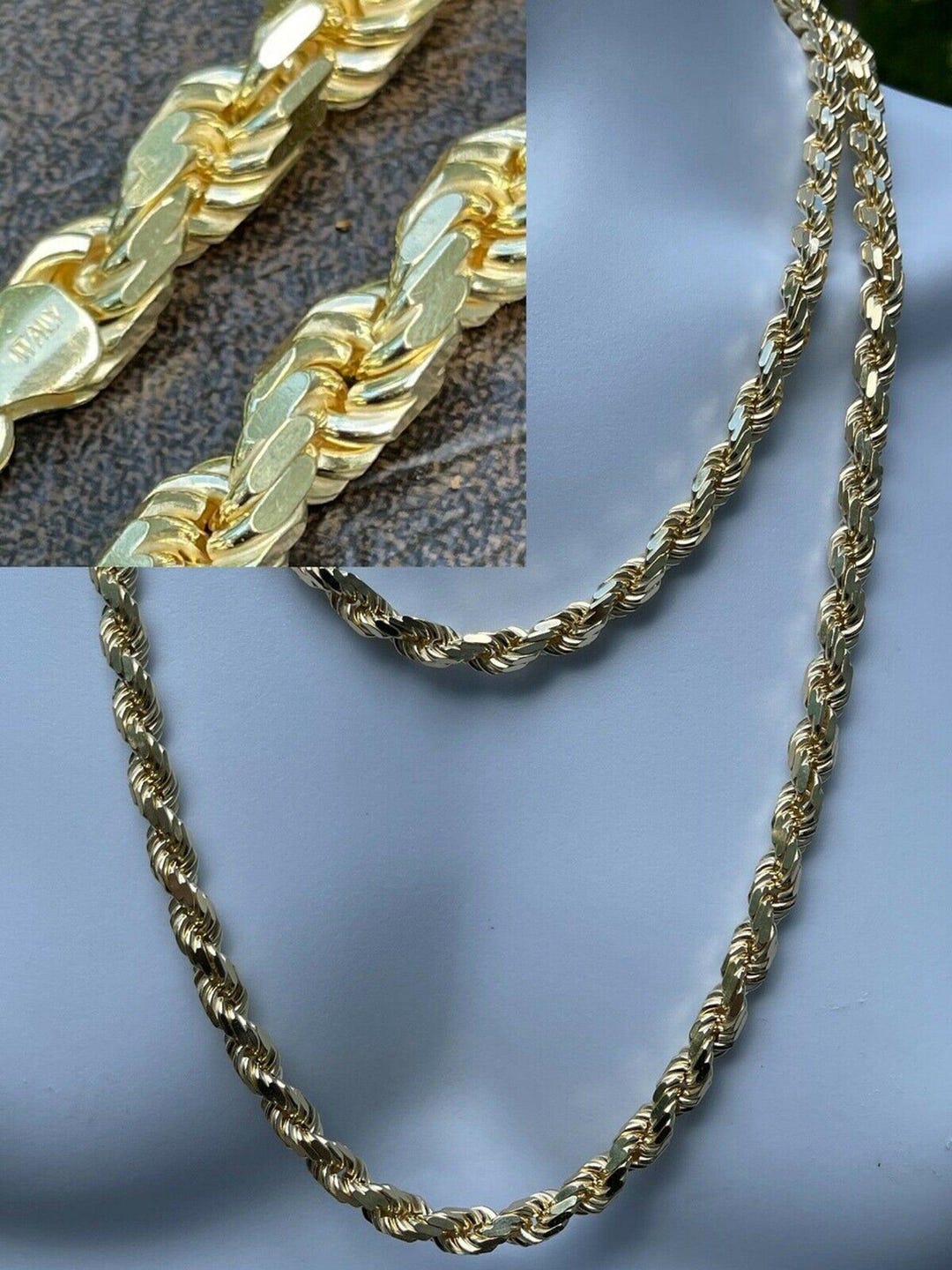 8mm Thick Men's Rope Chain 14k Gold Over Real Solid 925 Sterling Silver ...