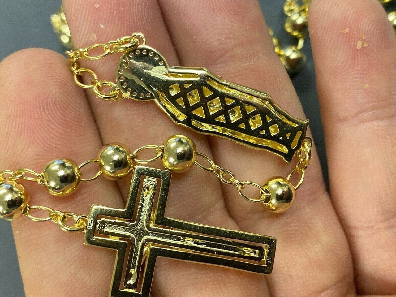 Men's Rosary Beads Necklace 14k Gold Over Real 925 Sterling Silver ...