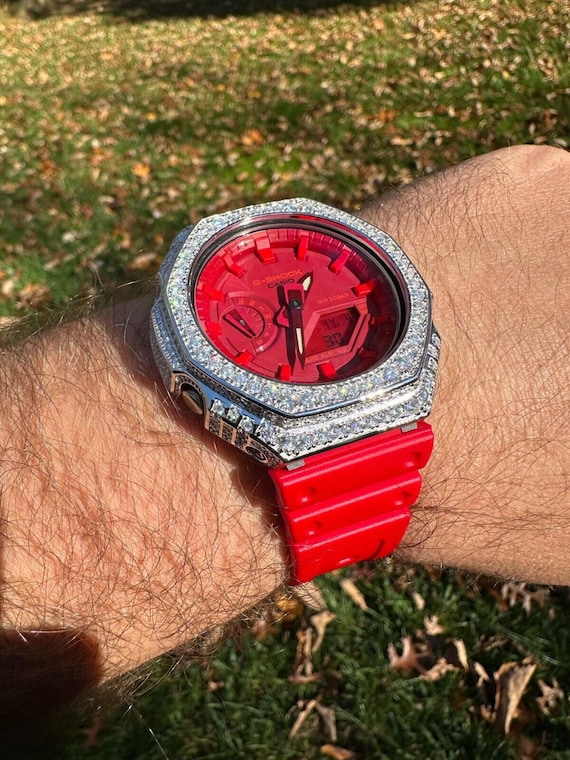MOISSANITE Real 925 Silver Iced Red Casio G Shock GA-2100 Watch