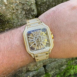 Real Mens MOISSANITE 14k Gold Watch Iced Automatic Movement Skeleton immagine 3