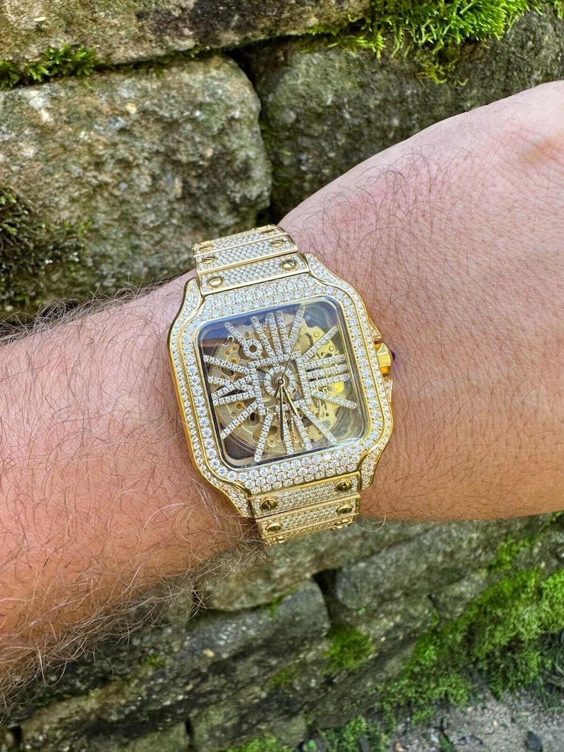 Real Mens MOISSANITE 14k Gold Watch Iced Automatic Movement Skeleton immagine 3