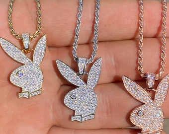 Playboy Bunny Pendant - Iced Diamond Real 925 Silver Gold Rose Necklace