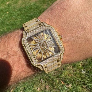 Real Mens MOISSANITE 14k Gold Watch Iced Automatic Movement Skeleton immagine 1