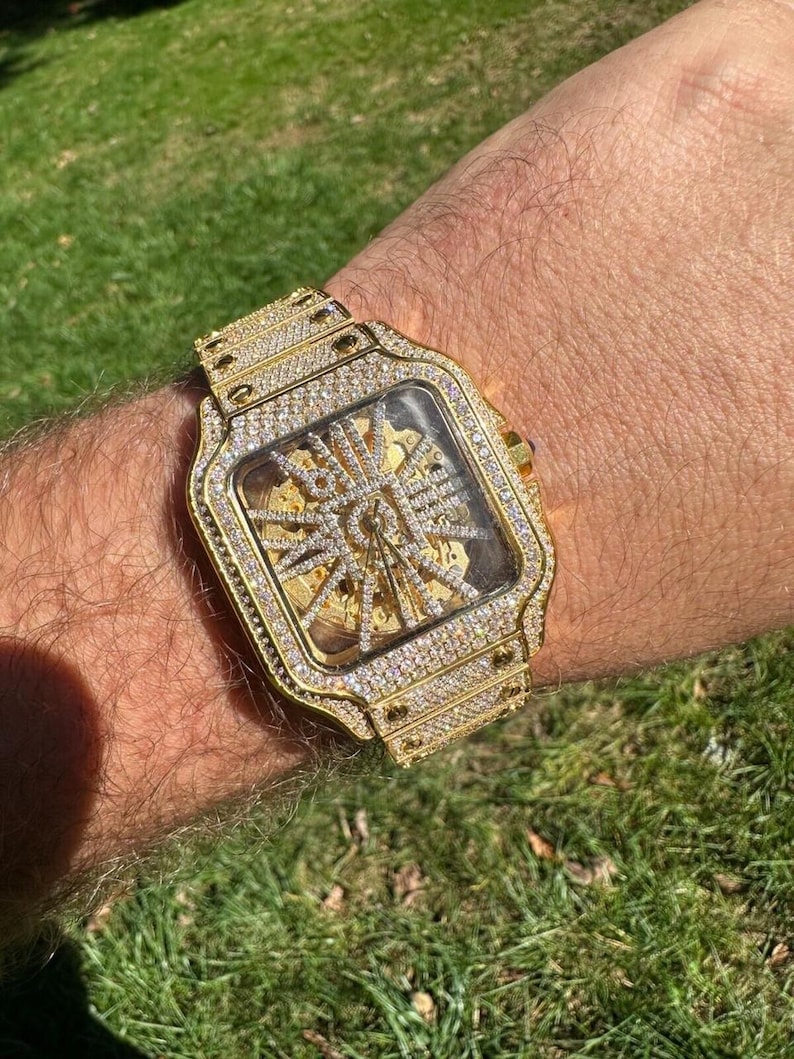 Real Mens MOISSANITE 14k Gold Watch Iced Automatic Movement Skeleton immagine 1