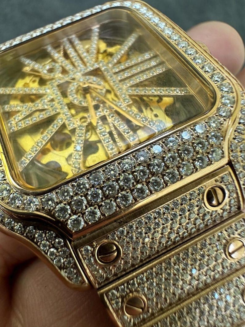 Real Mens MOISSANITE 14k Gold Watch Iced Automatic Movement Skeleton immagine 9
