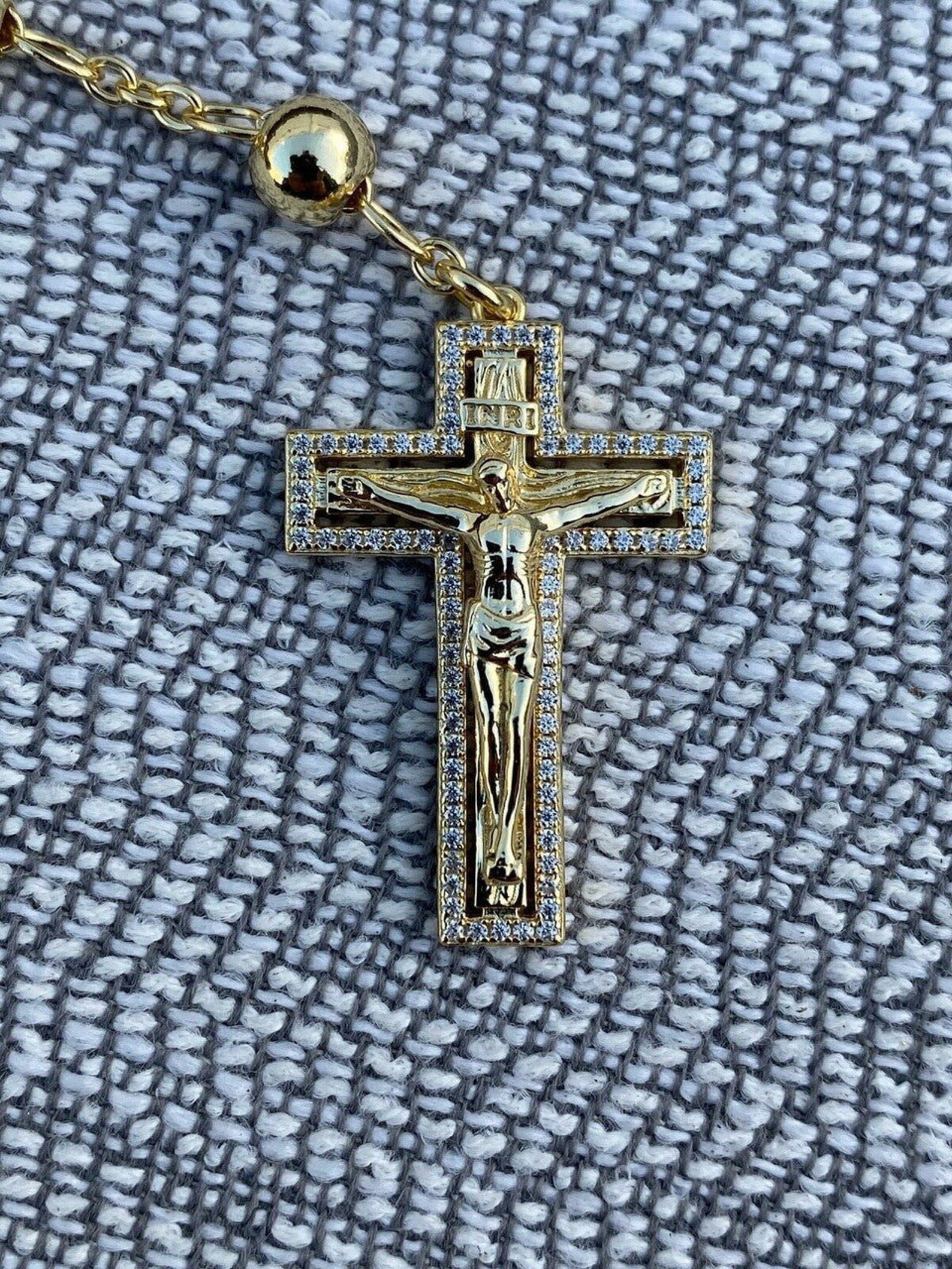 Men's Rosary Beads Necklace 14k Gold Over Real 925 Sterling Silver ...